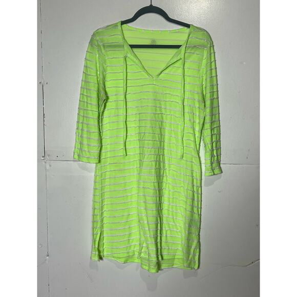 Balance Collection Marika Tunic Top Lime Green White Striped Tie Neck 3/4 Sleeve - Picture 8 of 8